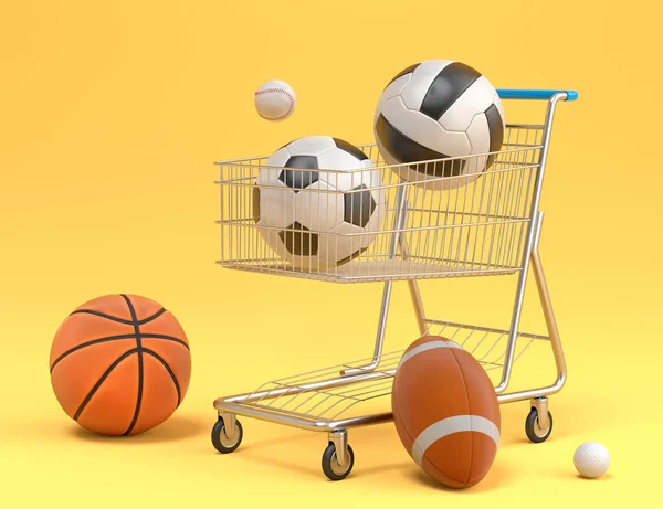 Set of ball like basketball, american football and golf in shopping cart on yellow background. 3d rendering of sport accessories for team playing games