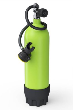 Şnorkelle yüzmek için yeşil dalış tüpü beyaz arka planda izole edilmiş. Yaz tatili için 3D dalış ve spor malzemesi.