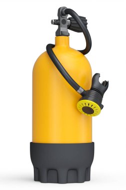 Turuncu dalış tankı beyaz arka planda izole edilmiş şnorkelle yüzmek için tam oksijen. Yaz tatili için 3D dalış ve spor malzemesi.