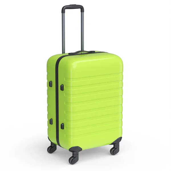 白を基調とした小さなグリーンのポリカーボネートスーツケース 荷物又は荷物の3Dレンダリング旅行コンセプト — ストック写真