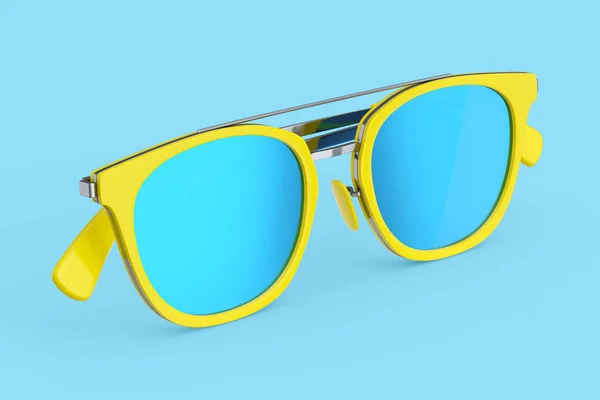 具有渐变透镜和蓝色塑料框架的现实太阳镜 夏天在蓝色背景上 3D使家庭旅行概念和阳光下的眼睛保护 — 图库照片
