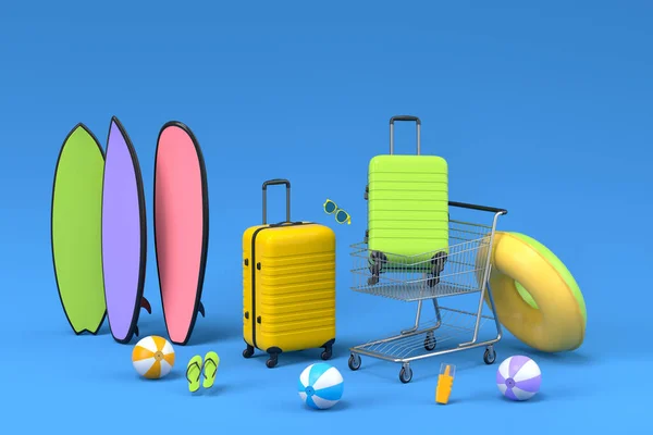 Colorful Luggage Beach Accessories Shopping Trolley Blue Background Render Summer — Foto Stock