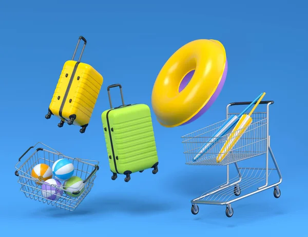 Colorful Luggage Beach Accessories Shopping Basket Flying Blue Background Render — Stockfoto