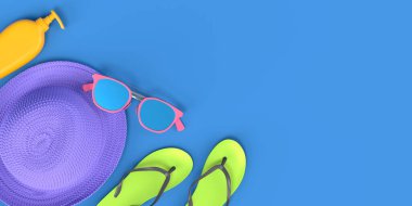 Colorful beach accessories on blue background. 3D render of summer vacation concept and holidays