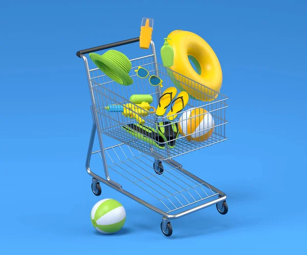 Colorful Beach Accessories Shopping Trolley Blue Background Render Summer Vacation — Fotografia de Stock