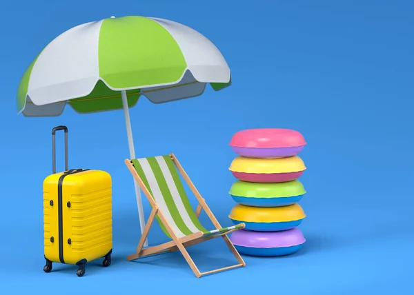 Colorful Beach Rings Chair Umbrellas Lugagge Blue Background Render Summer — 스톡 사진