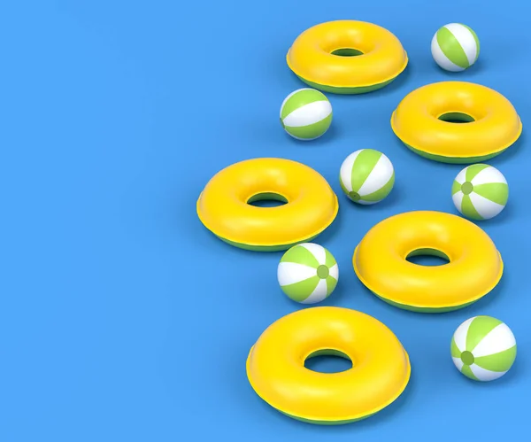 Colorful Inflatable Rings Balls Blue Background Render Summer Vacation Concept — Φωτογραφία Αρχείου