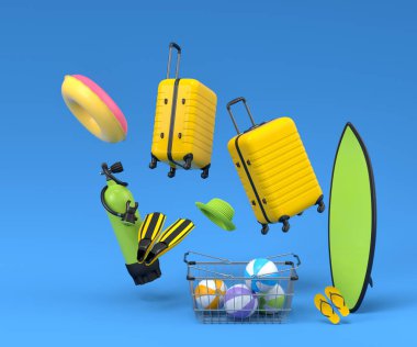 Plaj aksesuarları ve mavi arka planda uçan alışveriş sepeti olan renkli bavullar. Yaz tatili konsepti ve tatillerinin 3 boyutlu canlandırması