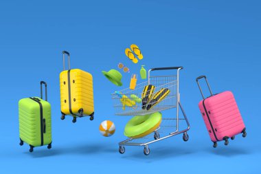 Plaj aksesuarları ve mavi arka planda alışveriş arabası olan renkli bavullar. Yaz tatili konsepti ve tatillerinin 3 boyutlu canlandırması