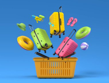 Colorful luggage with beach accessories in shopping basket on blue background. 3D render of summer vacation concept and holidays