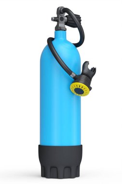 Mavi dalış tankı beyaz arka planda izole edilmiş şnorkelle yüzmek için tam oksijen. Yaz tatili için 3D dalış ve spor malzemesi.