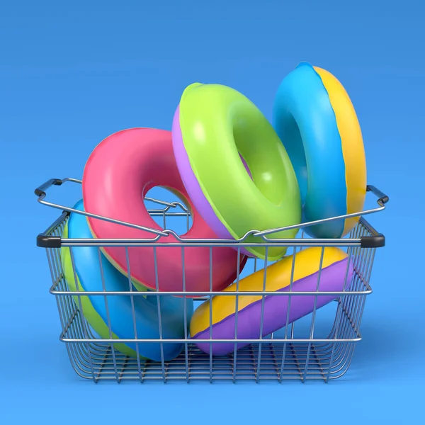 Colorful Inflatable Ring Shopping Basket Blue Background Render Summer Vacation — ストック写真