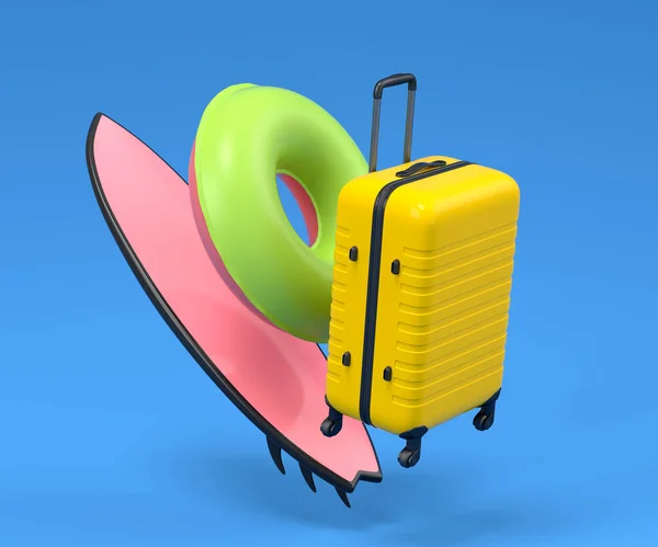 Luggage Beach Ring Surf Board Blue Background Render Summer Vacation — Foto de Stock