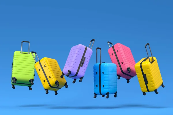 Colorful Suitcase Baggage Flying Blue Background Render Summer Vacation Concept — Zdjęcie stockowe