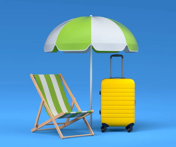 Colorful Beach Rings Chair Umbrellas Lugagge Blue Background Render Summer — Stock Photo, Image