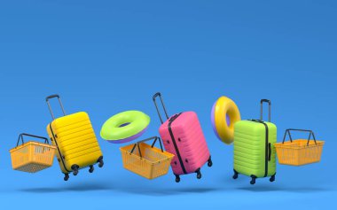 Colorful suitcase or baggage, shopping basket and inflatable rings flying on blue background. 3D render of summer vacation concept and holidays
