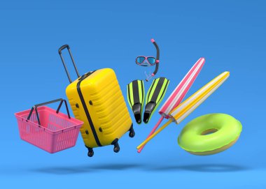 Plaj aksesuarları ve mavi arka planda uçan alışveriş sepeti olan renkli bavullar. Yaz tatili konsepti ve tatillerinin 3 boyutlu canlandırması