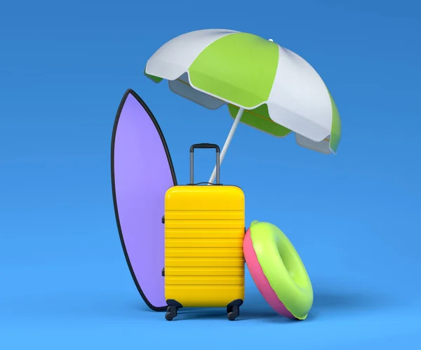 Colorful Surfboard Beach Ring Umbrellas Lugagge Blue Background Render Summer — 스톡 사진