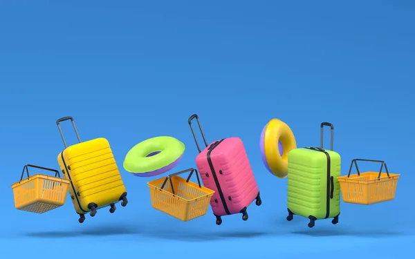 Colorful Suitcase Baggage Shopping Basket Inflatable Rings Flying Blue Background — Foto de Stock
