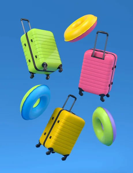 Colorful Suitcase Baggage Inflatable Rings Flying Blue Background Render Summer —  Fotos de Stock