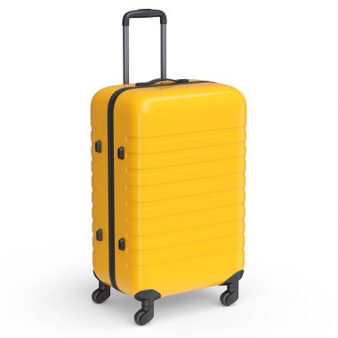 Normal turuncu polikarbonat bavulu beyaz arka planda izole edilmiş. 3D seyahat konsepti bagaj veya bagaj