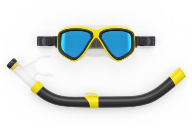 Sarı dalış maskesi ve şnorkel beyaz arka planda izole edilmiş. 3D dalış ve şnorkelle yüzme ekipmanı