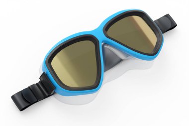 Mavi dalış maskesi beyaz arka planda izole edilmiş. 3D dalış ve şnorkelle yüzme ekipmanı