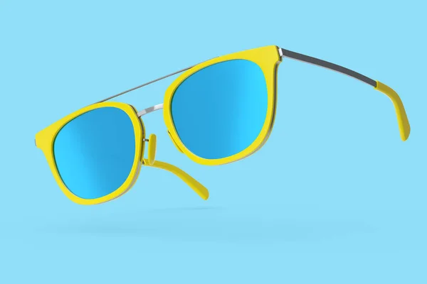 青の背景に夏のためのグラデーションレンズと青のプラスチックフレームと現実的なサングラス 3Dレンダリング家族旅行のコンセプトと太陽の目の保護 — ストック写真