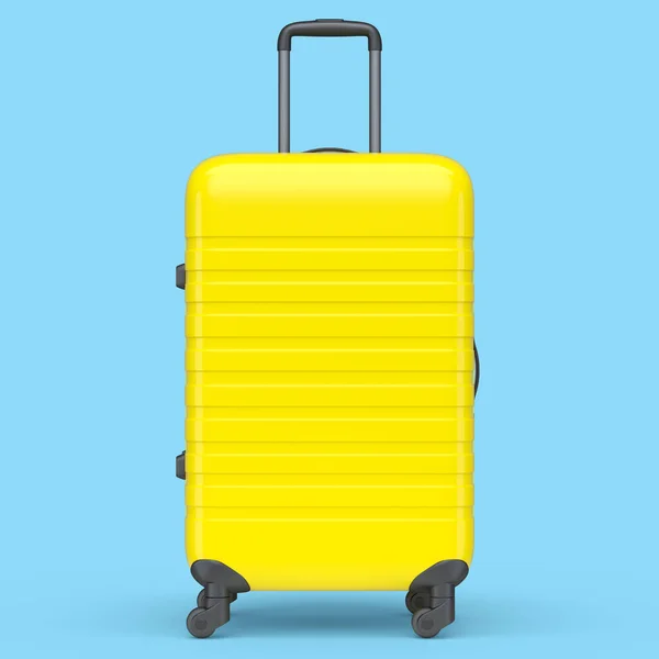 Gelber Polycarbonat Koffer Isoliert Auf Blauem Hintergrund Reisekonzept Von Gepäck — Stockfoto