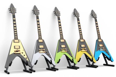 Beyaz arka planda izole edilmiş elektro akustik gitar seti. Müzik dükkanı için heavy metal gitarlı 3D rock festivali posteri.