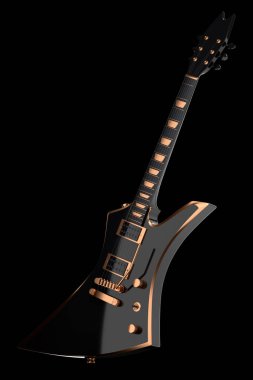 Elektro akustik gitarın yakın çekimi siyah zemin üzerinde izole edilmiş. Müzik dükkanı için heavy metal gitarlı 3D rock festivali posteri.