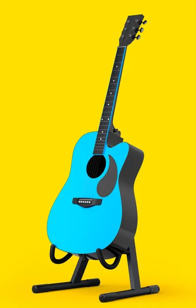 スタンド上の電気音響ギターは黄色の背景に隔離されました 音楽ショップのための重い金属ギターとロックフェスティバルポスターのための概念の3Dレンダリング — ストック写真