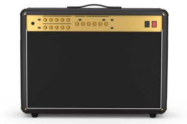 Beyaz zemin üzerinde klasik elektrik ve akustik gitar amplifikatörü izole edildi. Stüdyo veya prova odasında bas gitar kaydetmek için 3D yükseltici