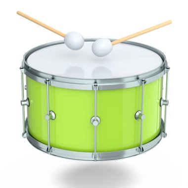 Gerçekçi davul ve tahta bagetler beyaz arka planda. 3D render müzik aleti, davul makinesi konsepti.