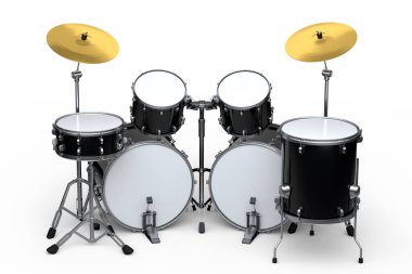Beyaz arka planda metal zilleri olan gerçekçi davullar. 3D render müzik perküsyon enstrümanı, davul makinesi ve bateri seti