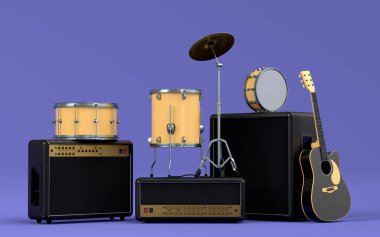 Elektrikli akustik gitarlar, amplifikatörler ve mor arka planda metal zilleri olan davullar. 3D müzik perküsyon enstrümanı, bateri makinesi ve heavy metal gitarlı bateri seti