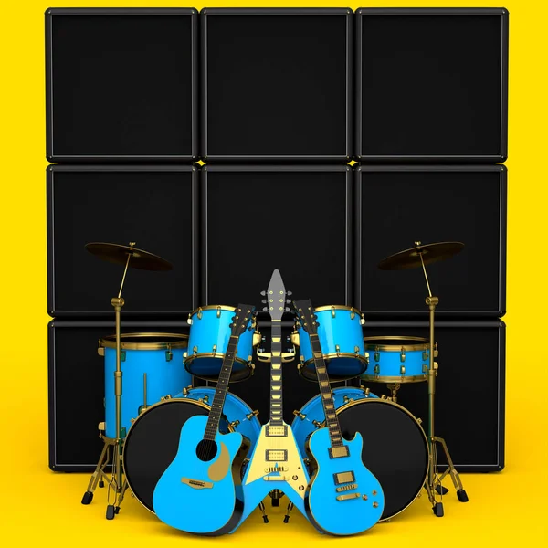Conjunto Tambores Realistas Com Címbalos Metálicos Tambores Amplificadores Guitarras Acústicas — Fotografia de Stock