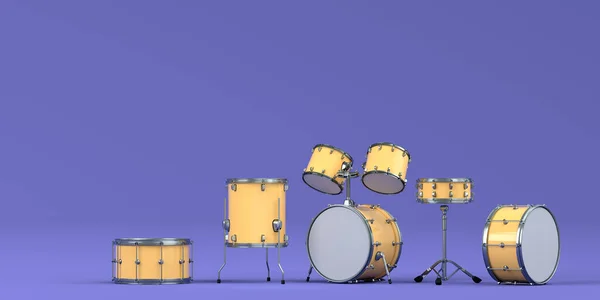 Drumstel Met Metalen Bekkens Paarse Achtergrond Weergave Van Muziekpercussie Instrument — Stockfoto