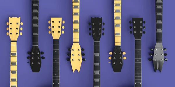 パープルを基調としたエレキアコースティックギターのフィンガーボードセット 音楽ショップのための重い金属ギターとロックフェスティバルポスターのための概念の3Dレンダリング — ストック写真