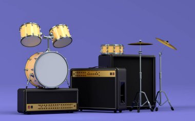 Elektrikli akustik gitarlar, amplifikatörler ve mor arka planda metal zilleri olan davullar. 3D müzik perküsyon enstrümanı, bateri makinesi ve heavy metal gitarlı bateri seti