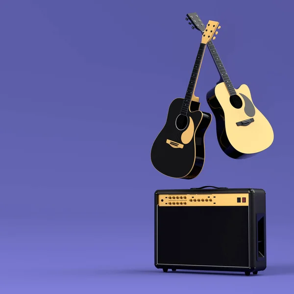Set of electric acoustic guitars amplifiers on purple background. 3d render of musical percussion instrument, drum machine and drumset with heavy metal guitar for rock festival poster