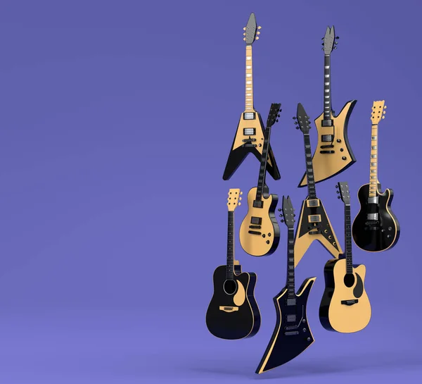 パープルを基調としたエレクトリック アコースティック ギターのセット 音楽ショップのための重い金属ギターとロックフェスティバルポスターのための概念の3Dレンダリング — ストック写真