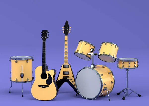 Sada Elektrických Akustických Kytar Bubnů Kovovými Činely Purpurovém Pozadí Provedení — Stock fotografie