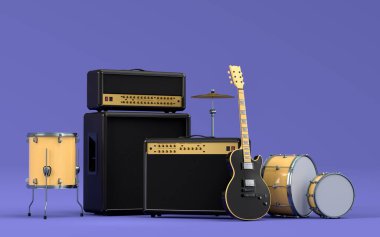 Elektrikli akustik gitarlar, amplifikatörler ve mor arka planda metal zilleri olan davullar. 3D müzik perküsyon enstrümanı, bateri makinesi ve heavy metal gitarlı bateri seti