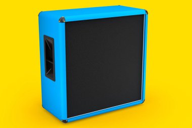 Klasik elektrik ve akustik gitar amplifikatörü sarı arka planda izole edildi. Stüdyo veya prova odasında bas gitar kaydetmek için 3D yükseltici