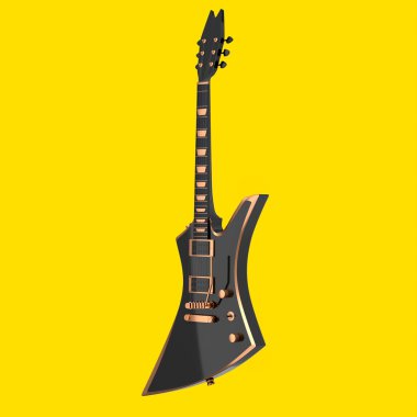 Sarı arka planda izole edilmiş elektirikli akustik gitar. Müzik dükkanı için heavy metal gitarlı 3D rock festivali posteri.