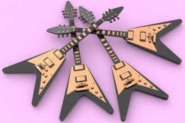 Pembe arka planda izole edilmiş elektro akustik gitar seti. Müzik dükkanı için heavy metal gitarlı 3D rock festivali posteri.