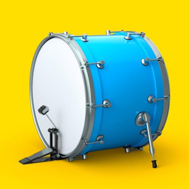 Sarı arka planda pedalı olan gerçekçi bir davul. 3D render müzik aleti, davul makinesi konsepti.