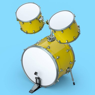 Mavi arka planda pedalı olan gerçekçi davullar. 3D render müzik aleti, davul makinesi konsepti.