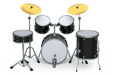 Beyaz arka planda metal zilleri olan gerçekçi davullar. 3D render müzik perküsyon enstrümanı, davul makinesi ve bateri seti